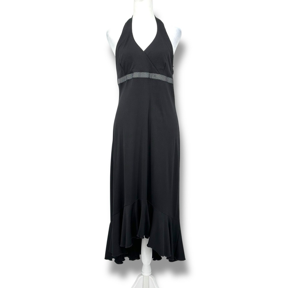 VTG Black Halter Maxi Dress L Empire Waist Polka Dot Accent Y2K Whimsygoth Prom